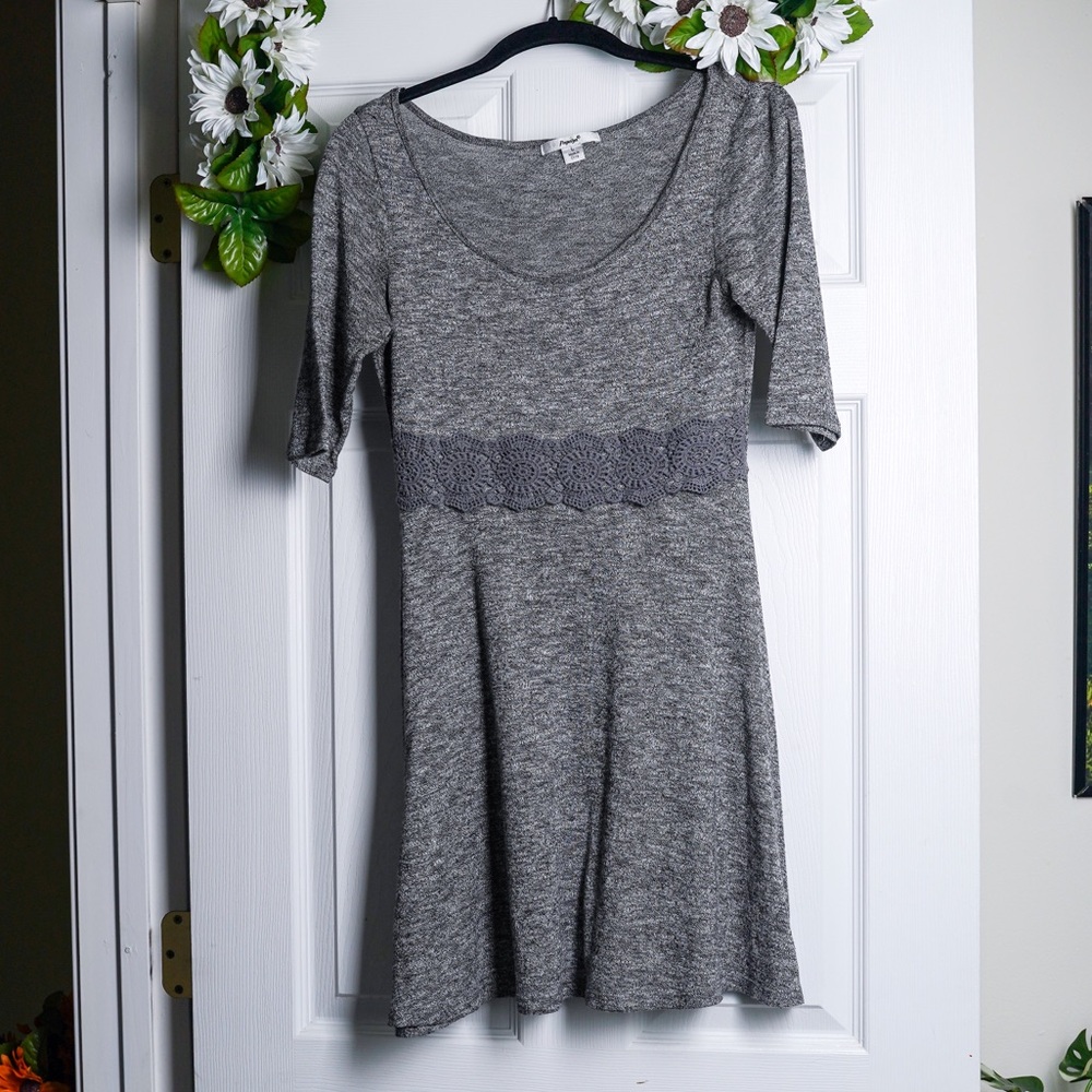 Papaya Gray Knit Dress Fit-and-Flare with Embroidered Waistband Short Sleeve